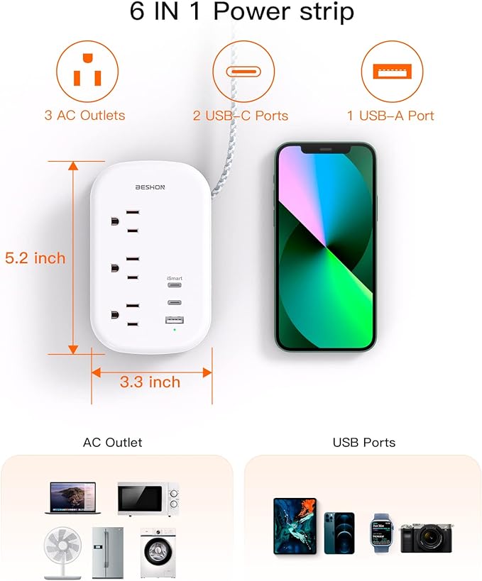 BESHON Flat Plug Power Strip, 3 Outlets with 3 USB Ports(2 USB C), Ultra Flat 3.2ft Wrapped Around Extension Cord for Cruise Ship, Travel, Dorm Room Essentials