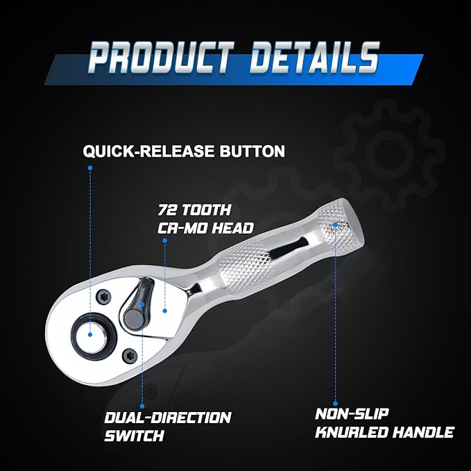 1/4" 3/8" 1/2" Stubby Drive Ratchet Set,Mini Ratchet Wrench Set,Small Socket Wrench,72-Tooth Quick Release,Reversible Durable Chrome Alloy Made, Fashionable Thread Design, Fully Polished