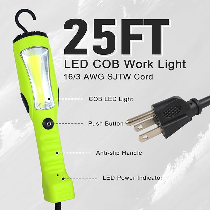EP 25 Ft LED Work Light, 1200 Lumen COB LED Trouble Light - 16 Gauge SJTW Indoor Outdoor Extension Cord, Handheld, Magnetic Base, Rotatable Hanging Hook - Green