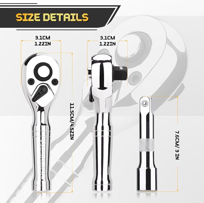 Stubby Ratchet Set- 3/8" Drive Ratchet Handle with a Extension Bars, Gift for Men 72-T Reversible Quick Release Head Premium Mini Ratchet Wrench for Narrow Spaces