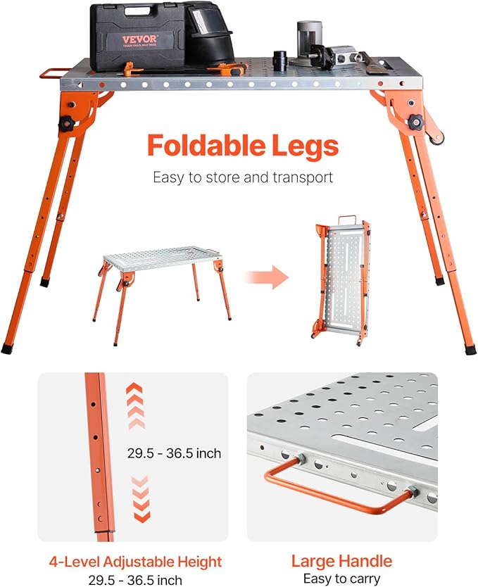 VEVOR Foldable Welding Table 44" x 21", 500LBS Capacity Welding Workbench with 4-Level Adjustable Height, Carbon Steel Work Bench with 6 Tool Slots & 0.63" Fixture Holes for Welding Assembly Repair