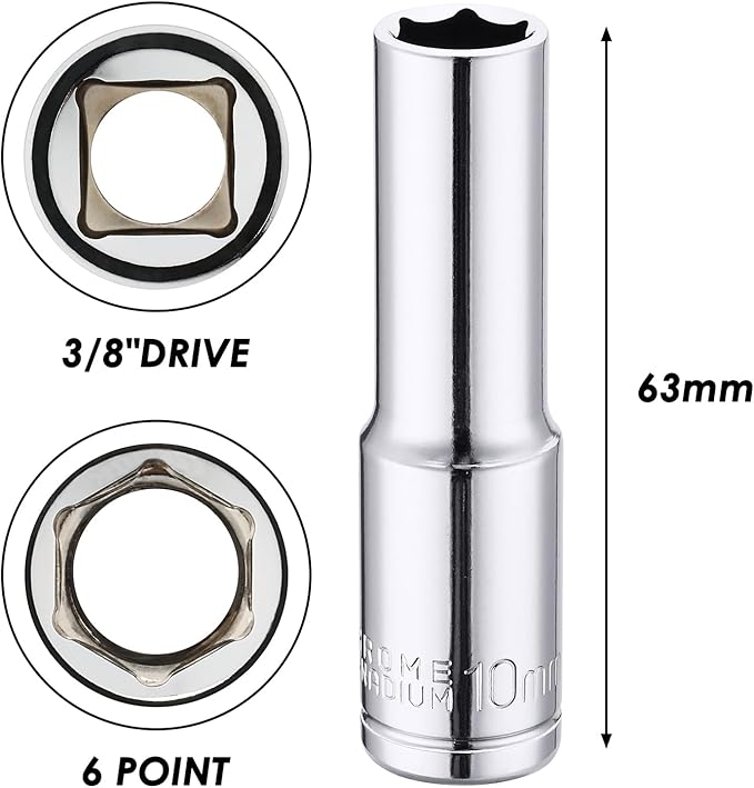 MIXPOWER 6PCS 3/8"Drive 10mm Deep&Shallow Socket, CR-V, Metric, Mirror Finish, 6 Point & 12 Point