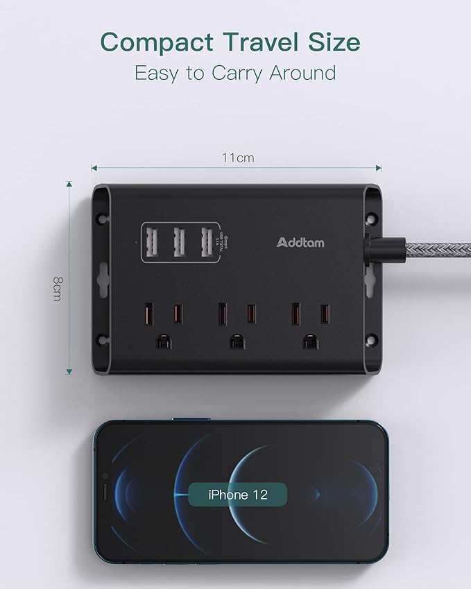 Addtam Power Strip ETL Certificate Flat Plug Extension Cord with 3 USB Ports, 5 Feet Braided Cord, Desktop Small Travel Power Strip for Cruise Ship, Home, Office Black