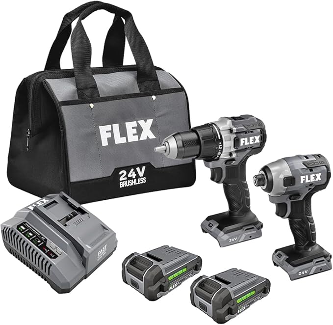 FLEX 24V Brushless Cordless 2-Tool Combo Kit: 1/2-Inch 2-Speed Drill Driver and 1/4-Inch Hex Impact Driver with (2) 2.5Ah Lithium Batteries and 160W Fast Charger - FXM201-2A