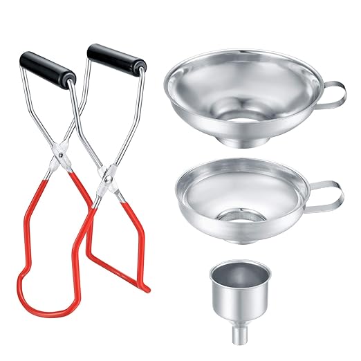 3 Pcs Canning Funnels for Wide and Regular Jars, Stainless Steel Wide Mouth Funnels, Metal Funnel Set for Kitchen Use, Transferring Liquid Power Mason Jam Grains, with Jar Tongs Lifter