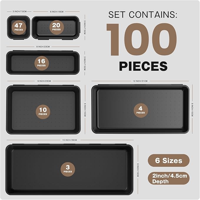 A-LuGei【𝟲 𝗦𝗜𝗭𝗘 & 100PCS Tool Box Organizer Tray Set【Fits 100+ Tools】 Black Plastic Drawer Divider Desk Drawer Organizer Garage Organization for Rolling Tool Chest Cart Workbench Office Storage