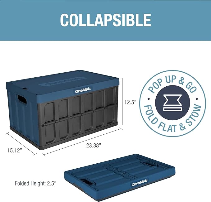 CleverMade Collapsible Storage Bins with Lids (62L, 3 Pack) – Heavy Duty Foldable Plastic Storage Crates for Garage, Closet & Trunk Organization - Ocean