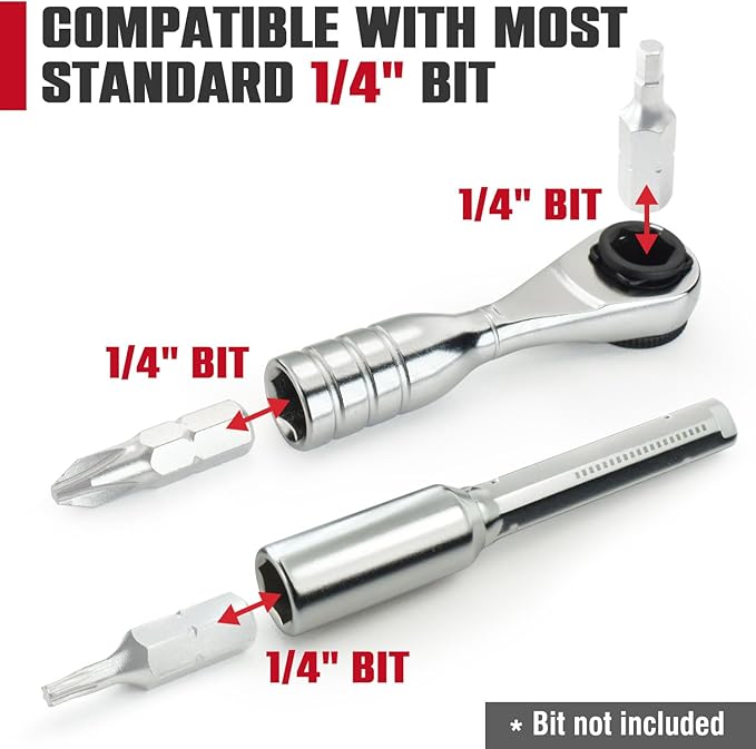 CROM 1/4-inch Mini Ratchet Wrench - Use As 1/4 Bit Ratchet, Extender, T-Handle Or 4-Inch Micro Ratchet, Reversible Switch, Magnetic Bit Retention, Small EDC Wrench To Fit In Tight Space