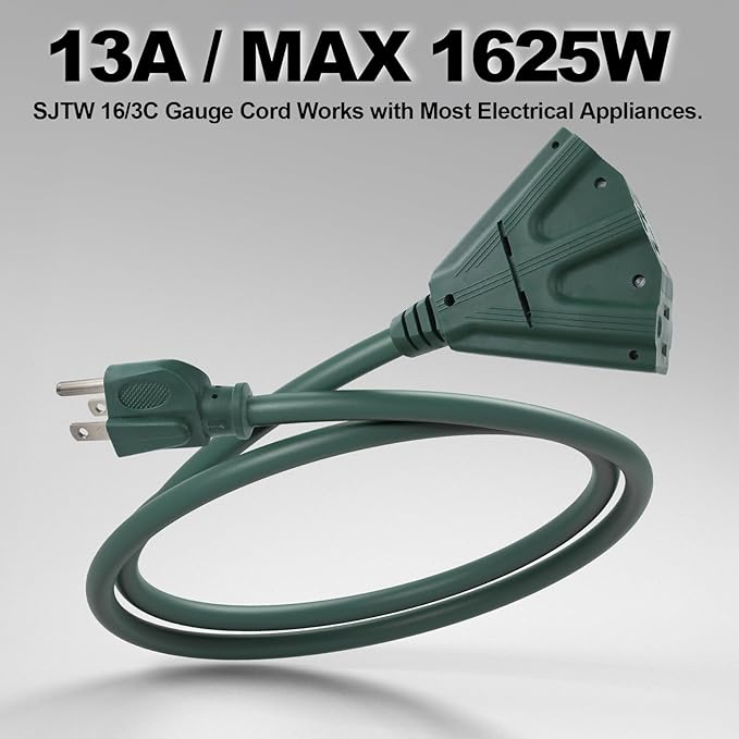 EP 10 Ft Outdoor Extension Cord with 3 Electrical Power Outlets - 16/3 SJTW Green Cable with 3 Prong Grounded Plug for Safety Great for Christmas Lights, Garden and Major Appliances