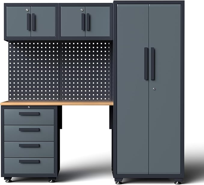 Garage Storage Cabinet System, 7PCK Workshop Set Garage Cabinets and Storage System with Steel Cabinet Drawers, Workbench, Pegboard for Tool Organization