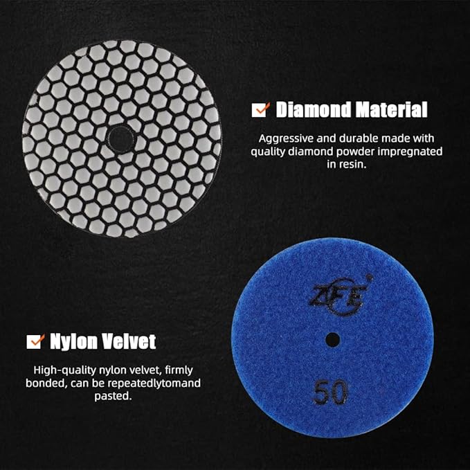 Diamond Polishing Pads, ZFE 9Pcs 4 Inch 100mm Dry Polishing Pads Set with 5/8”-11 Backing Plate for Granite Concrete Marble Quartz Stone Countertop Polishing