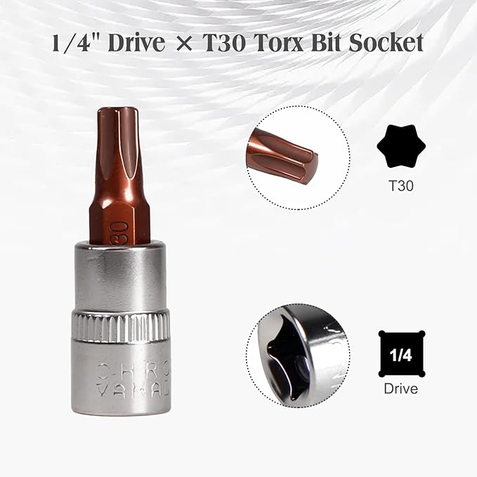 6pcs Drive x T30 Torx Bit Socket, 1/4" S2 Steel Bits CR-V Star Socket Set 38mm Length Use with Ratchet Wrench for Torque Wrench, Impact Power Drills, Slide Bar