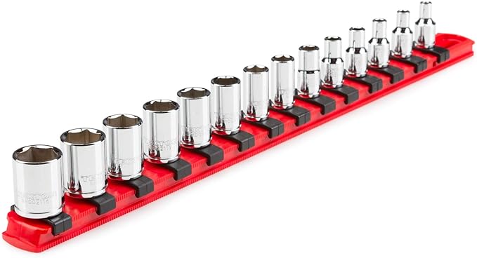 TEKTON 1/4 Inch Drive Shallow 6-Point Socket Set with Rail, 14-Piece (4-15 mm) | SHD90111