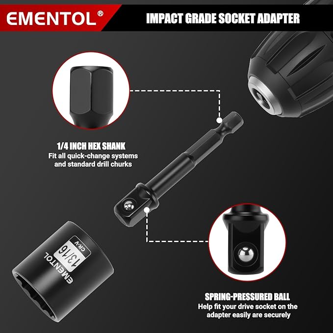 EMENTOL 3/8" Drive Impact Socket Set, 25PCS, SAE(5/16"- 1"), Deep and Shallow, 12 Point, Includes Drill Bit Adapter