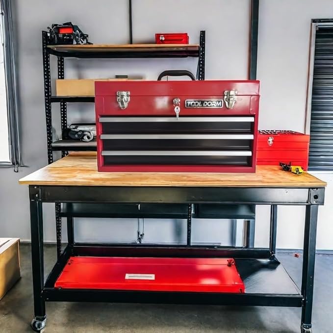 20.3“ Metal Tool Box with Drawer Portable Steel Tool Box with Protective Liner and Latch Closure and Lock for Garage, Home and Warehouse (Red & Black-3 Drawers)