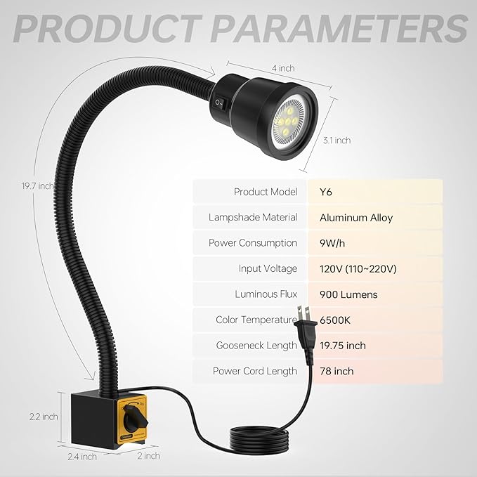 Magnetic Work Light, 9W Wood Machine Light, 900 Lumens Flexible Work Lamp for Lathe Milling Machine Drill Press, Aluminum Alloy Light Head