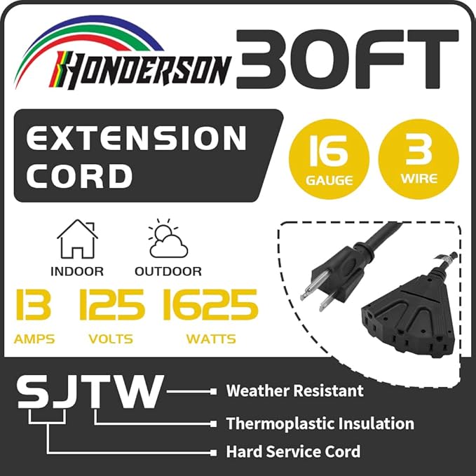 3-Outlets Indoor Outdoor Extension Cord Weatherproof, UL Certified, 16 Gauge 30FT Black 3 Prong Heavy Duty, 16/3 SJTW 13A Power Cord