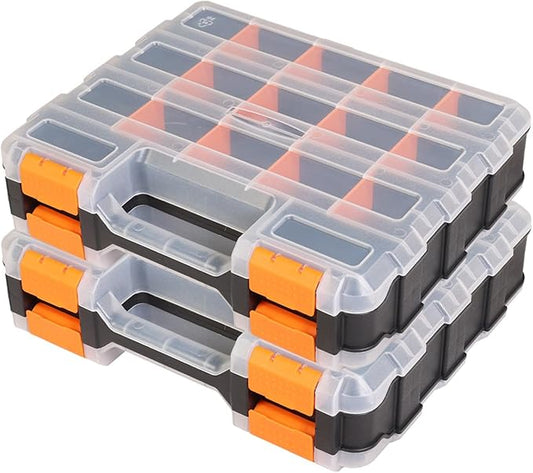 Tool Box with Transparent Lid, Double Side 34-Compartments Organizer Box with Removable Dividers for Hardware, Screws, Bolts, Nails, Beads, Jewelry and Fishing Accessories, Orange, 2 Packs