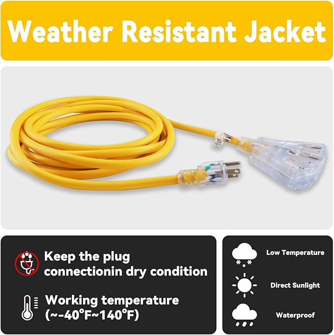 EP 20 Ft 12 Gauge Heavy Duty Extension Cord, 15A 125V 1875W, 3 Outlet Indoor/Outdoor Power Cord with Lighted End, 12/3 SJTW Weatherproof Yellow