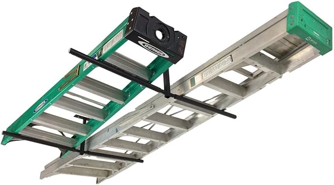 StoreYourBoard Adjustable Overhead Ladder Rack – Garage Organizer Ladder Shelf for Step & Extension Ladders - Storage Racks and Shelving for Garage Organization - Ceiling Mounted - Holds 150 lbs
