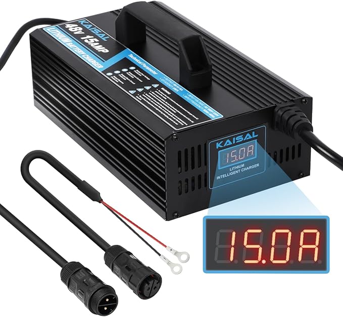 KAISAL 48V/58.4V 15A Lifepo4 Battery Charger - Onboard 48 Volt Lithium Golf Cart & Forklift Charger with IP68 Waterproof Removable Plug