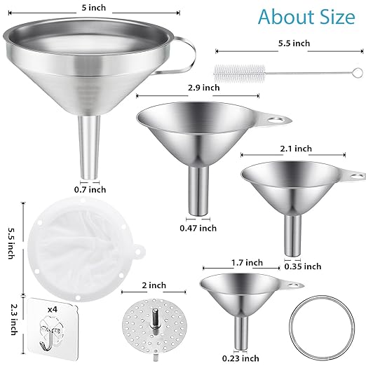 Toncoo 4 Pack Stainless Steel Funnels for Kitchen Use, Food Grade Cooking Funnel with 2 Strainer, Kitchen Funnel Set Metal Funnels for Filling Bottles