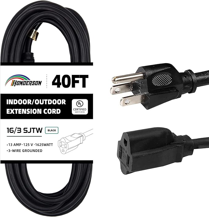 40FT Outdoor Extension Cord-16/3 SJTW Durable Black Extension Cable with 3 Prong Grounded Plug for Safety,Great for Outside Christmas Decorations