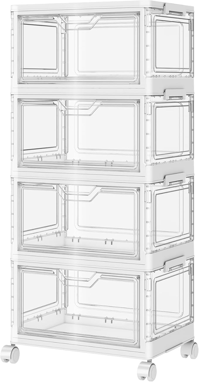 SNSLXH Portable Clear Storage Bins with Lid & Wheels, 24QT Clear Storage Bins with Lid, 4-Tier Plastic Bins with Wheels, Stackable, Magnetic Doors, for Bedroom, Living Room, Office