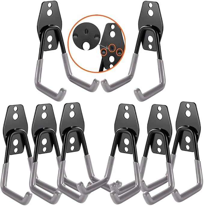 3-H Garage Wall Hooks Heavy Duty 8 Pack, Anti-Slip Steel Wall Mount Storage Hooks for Hanging Ladder Garden Yard Tools, Utility Organizer for Garage Lawn Shed(Gray)