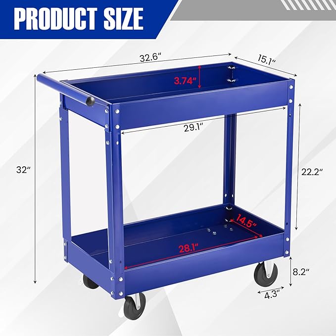 2 Tier Metal Utility Cart,330 Lbs Metal Heavy Duty Utility Cart On Wheels,2 Shelf Steel Rolling Tool Cart, Tool Storage Organizer for Mechanic, Garage, Workshop, Warehouse