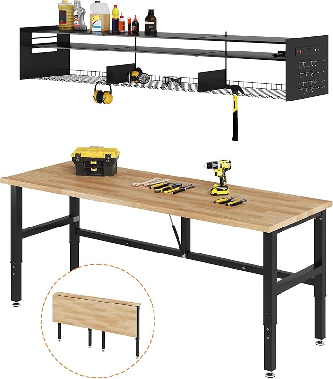 SPECRAFT 72x24 Folding Workbench with Wall-Mounted Tool Rack, Adjustable Foldable Workbench with Power Outlets & Hooks, 2330 LBS Capacity, 30.7"-40" Height for Garage, Workshop, Office