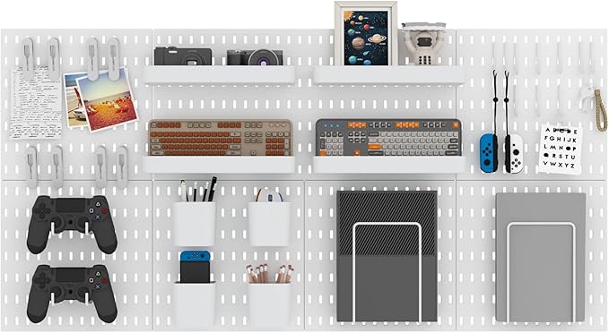 MULSAME Pegboard Combination Kit, Wall Mounted Storage Set with 8 Pegboards & 32 Accessories Hanging, White Peg Boards Organizer for Walls Display, Crafts Organization, Kitchen Organizer, 22" x 44"