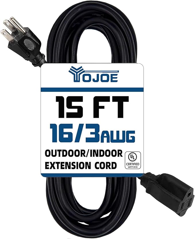 YOJOE Indoor Outdoor Extension Cord, 3 Prong 13A Weatherproof Power Cord, 16 Gauge Heavy Duty 15 ft Black Extension Cord for Garage, Garden and Home, 16/3 SJTW UL Listed