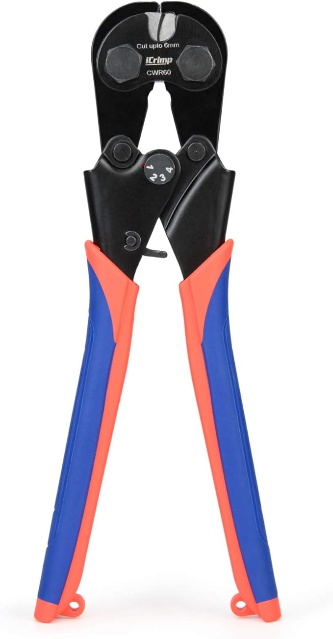 iCrimp 6mm Ratchet Wire Rope Cutter with 68 HRC Hardened Blade for Bicycle, Aircraft, Copper & Piano Cables, CWR60