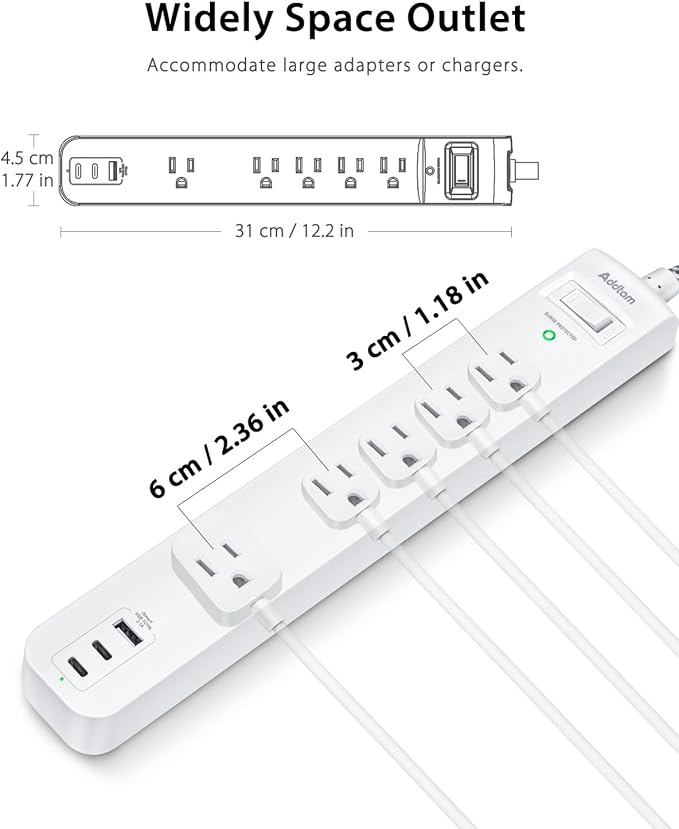 6Ft Power Strip Surge Protector, Flat Extension Cord - Outlet Extender with 2 USB C 5 Wildely AC Outlets, Flat Plug, Desktop Charging Station for College Dorm Room Essentials, White