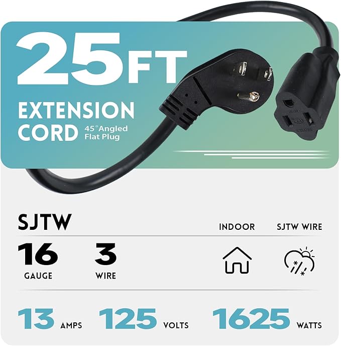 EP 25 Ft Flat Plug Extension Cord, 16 AWG 3 Prong Grounded Black Low Profile Extension Cable for Indoor