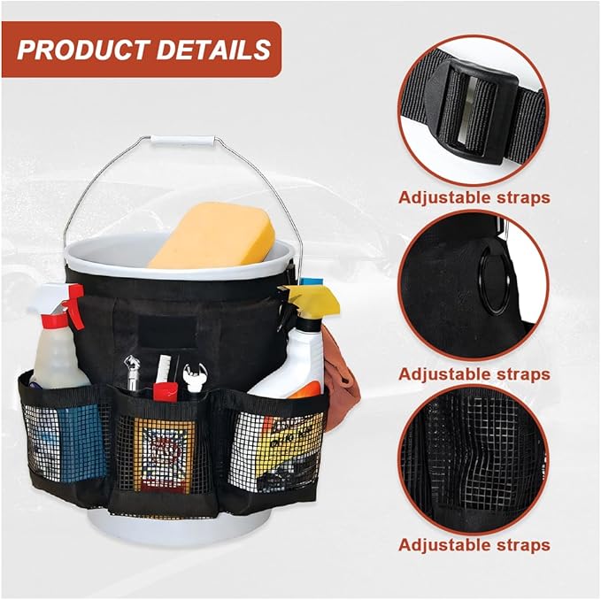 5 Gallon Bucket Tool Organizer Bag, Multi-Purpose Car Bucket Wash Tool with Mesh Storage Pockets, Universal Vehicle Cleaning Supplies Accessories for Home, Gardening, Fishing