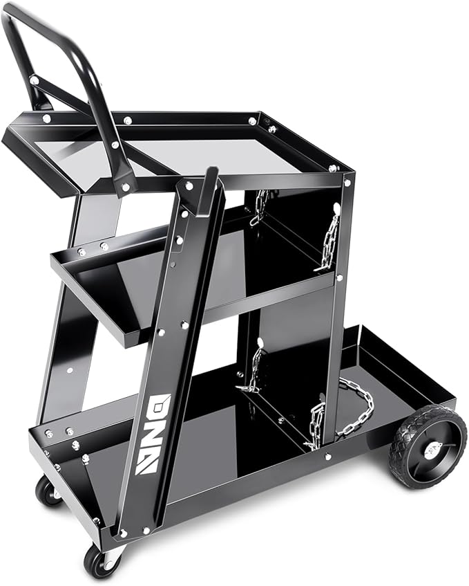 DNA Motoring Welding Cart for TIG MIG Welder and Plasma Cutter, Heavy Duty 3 Tiers Rolling Welding Cart, Rolling Welding Trolley w/360° Swivel Wheels, Tank Storage Safety Chains, Handle, TOOLS-00465