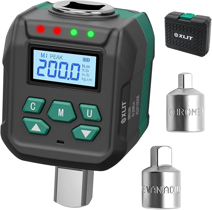 1/2" Digital Torque Adapter Set with Socket Adapters (1/4", 3/8") - 2% Accuracy, 7.4-147.5 ft-lb, Buzzer & LED Alerts, Working with Ratchet Wrench, Breaker Bar - for Automotive, Motorcycle & Car