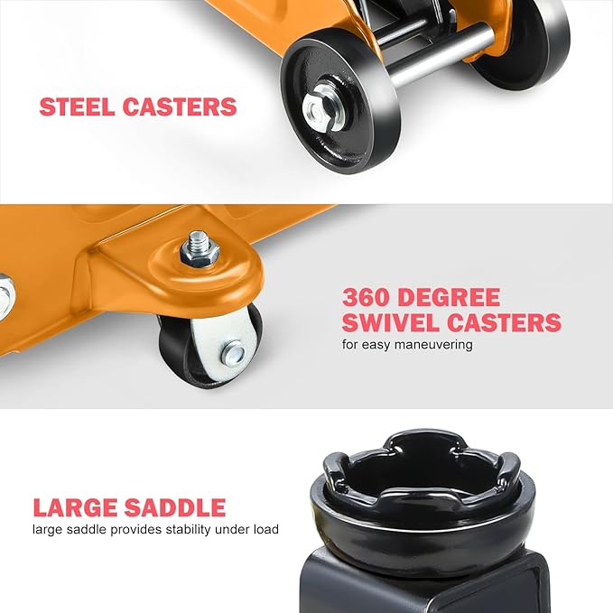 PM PERFORMOTOR Low Profile Hydraulic Trolley Service/Floor Jack, 1.5 Ton (3000 lbs) Capacity, Lifting Range 5.3"-12",Orange,PM-TOL-FJ15-OG