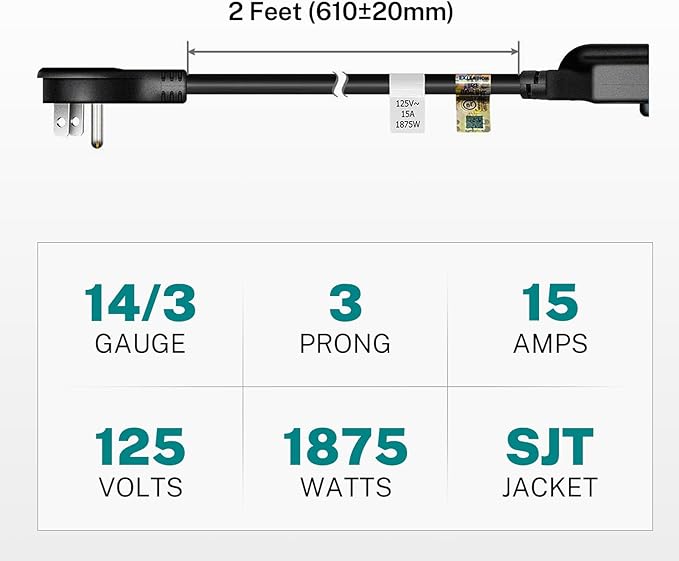 FIRMERST 1875W 15A Extension Cord 2 Feet 14/3 Flat Plug Black, Pack of 2