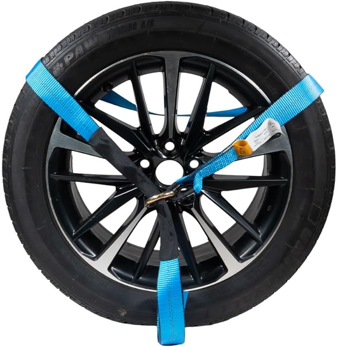 Mytee Products 4 Pack 2" x 120" Car Tie Down Straps for Trailer with Flat Hook - 3333 LB WLL Blue Lasso Style Tire Strap for Car Trailer with Ratchets - Vehicle Tie Down Wheel Straps for Hauling Cars