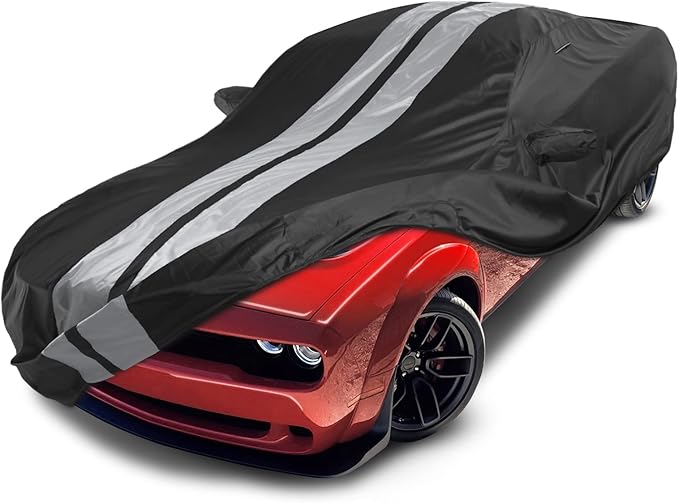 iCarCover Custom Car Cover Compatible with 2008-2023 Dodge Challenger, Waterproof All-Weather Rain Snow UV Sun Protector Full Exterior Indoor Outdoor Car Covers, Stripe (Black/Gray)