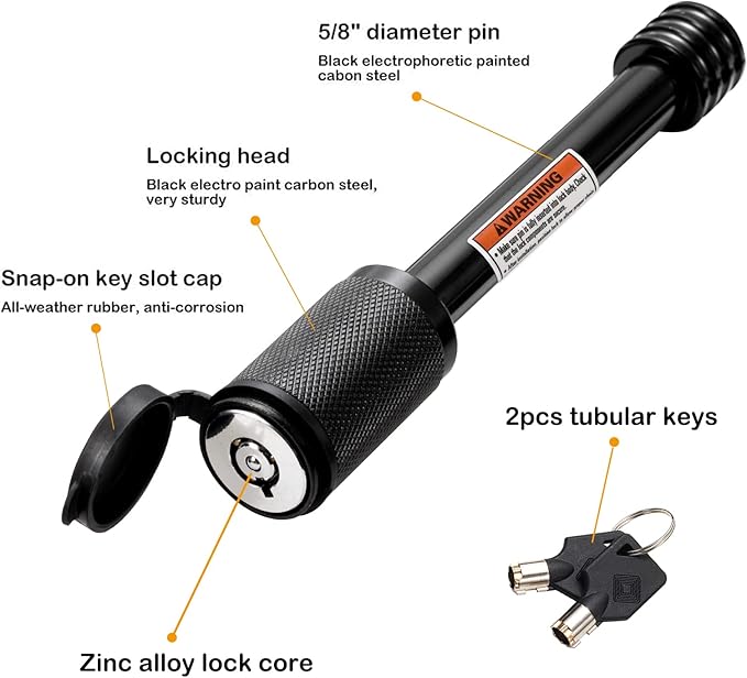 CZC AUTO Trailer Hitch Lock, 5/8 Inch Dia, 4 Inch Super Extra Long Receiver Pin Keyed Alike for Class III IV Hitches, for Hitch Bike Rack Tray Ball Tow Rope, for Trailer Truck Car Boat (2 Pack)