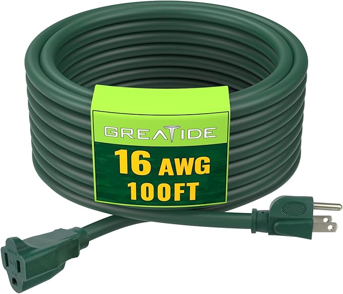 Indoor Outdoor Extension Cord 100 FT, 16/3 SJTW Weatherproof Green Electrical Cords, 10 AMP Heavy Duty 3 Prong Power Cable Great for Garden, Landscaping & Holiday Decorations