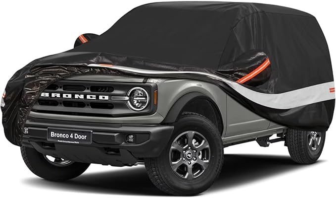10 Layers SUV Car Cover Custom Fit for Ford Bronco 4 Door (2021-2025), Waterproof All Weather for Automobiles, Outdoor Full Cover Sun Dust Rain Protection with Cotton. Black
