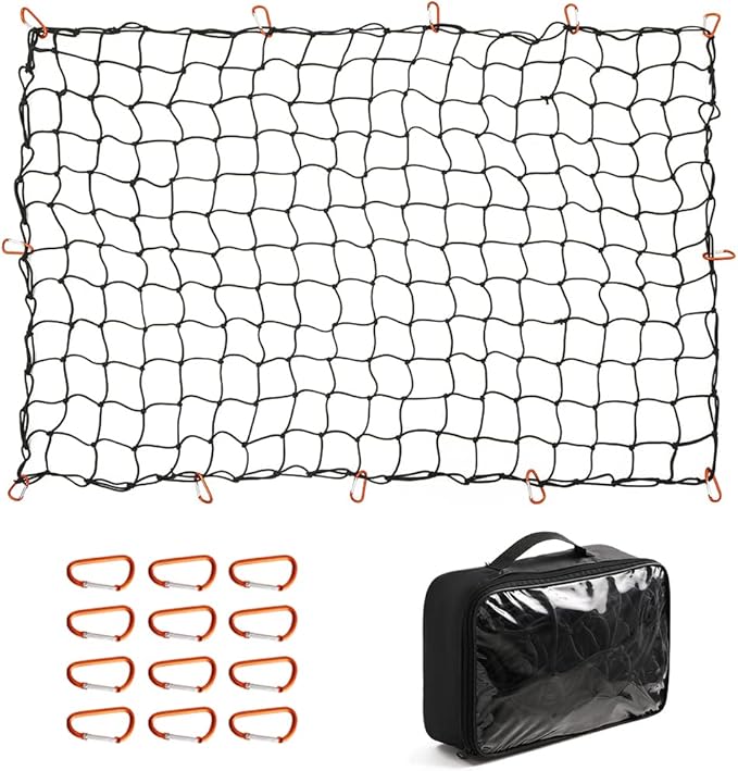 CZC AUTO Bungee Cargo Net 4x6Ft Truck Bed Net Stretches to 8x12Ft for Pickup Trailer RV SUV Boat |4Inch x 4Inch Mesh Net Holds Small and Large|12 Tangle Free Carabiners|Super Duty