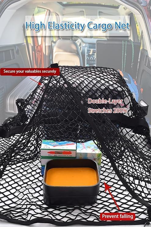 Double Layer Elastic Cargo Net 6.5'x5' Stretchable to 12'x9' Heavy Duty Truck Bed Organizer with 8 Metal Hooks Fit Pickup Trucks SUVs Vans Sedans