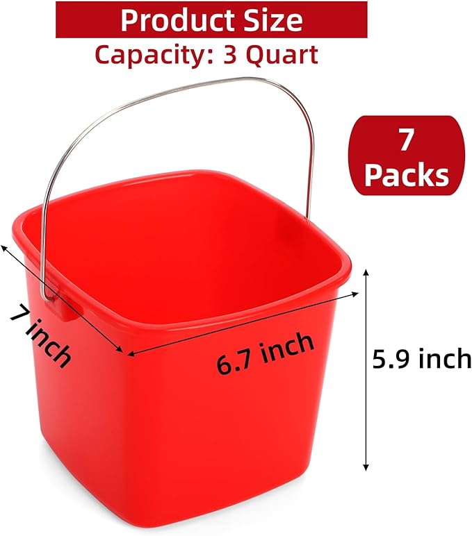 SOUJOY 7 Pack 3 Quart Cleaning Bucket, Plastic Small Sanitizing Bucket with Handle, Multi-Purpose Mini Square Pails for Kitchen, School, Offices, Household and Commercial Use, Red