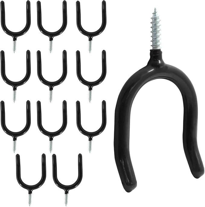 12 Pack Screw in U Hooks, Black U Shaped Shovel Holder Wall Mount, U Hook Screw for Hanging Garage, Garden, Yard Tools